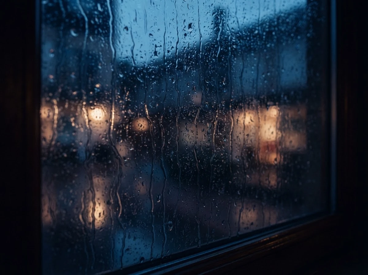 Chuva intensa escorrendo pela janela à noite, representando emoções represadas pedindo passagem.