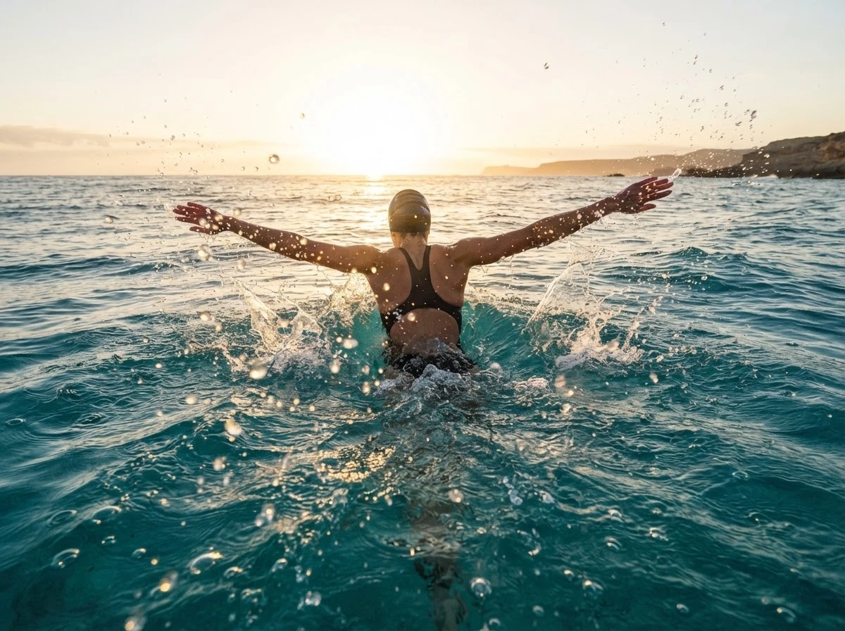 Nadador emergindo em direção à luz do sol, simbolizando superar o medo de nadar no sonho