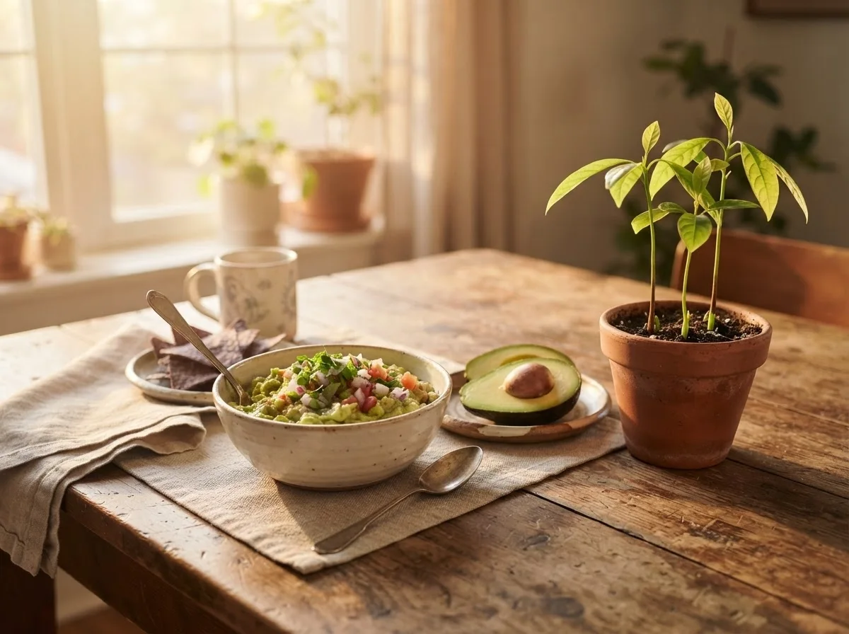 Mesa farta com guacamole e mudas de abacateiro, representando prosperidade e novos começos.