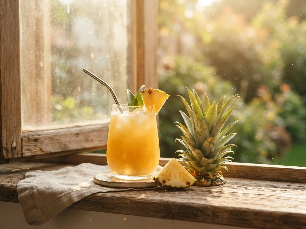 Suco de abacaxi fresco ao lado da coroa da fruta, representando sucesso e boas-vindas.