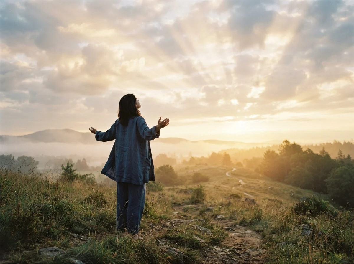 Pessoa observando o céu ao amanhecer, simbolizando esperança após sonhar com anjo.