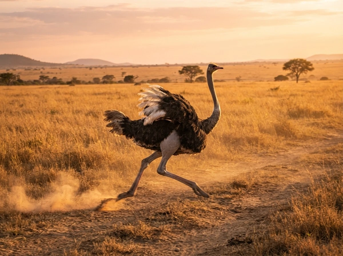 Avestruz correndo em campo ao amanhecer, simbolizando coragem para enfrentar desafios no sonho