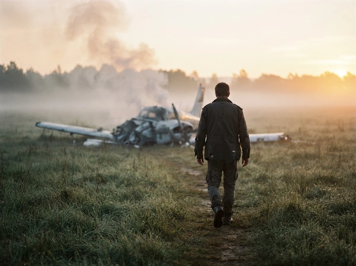 Pessoa caminhando ao amanhecer longe dos destroços de um avião, representando superação após o sonho de queda.