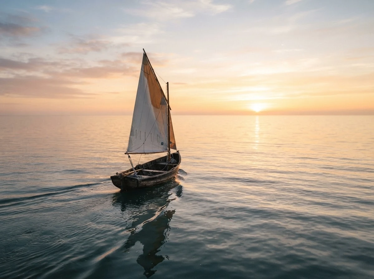 Barco navegando em direção ao nascer do sol, simbolizando novos rumos após o sonho.