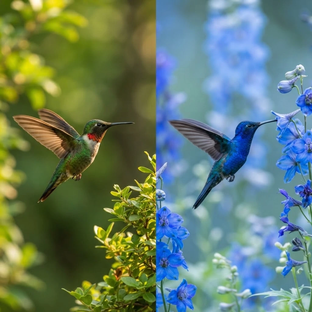 Comparação entre beija-flor verde e beija-flor azul, cores associadas a significados diferentes no sonho.