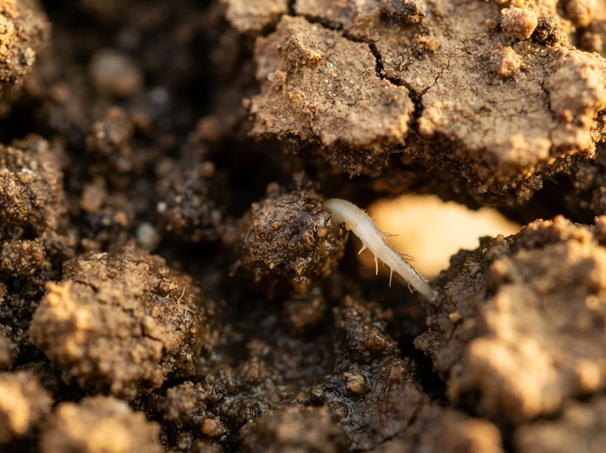 Semente brotando escondida sob a terra rachada, simbolizando algo se instalando aos poucos no sonho com berne.