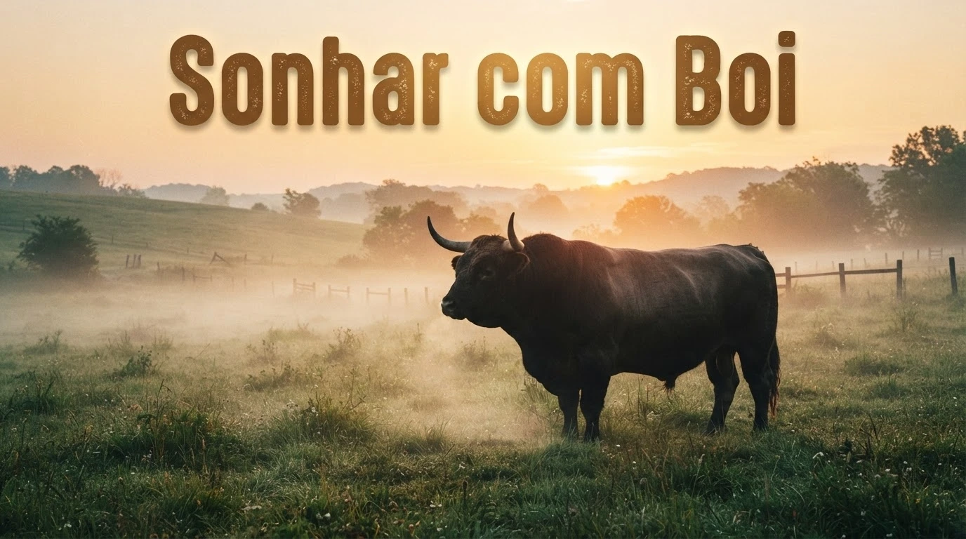 Boi forte em pé num pasto enevoado ao amanhecer, representando o significado de sonhar com boi.
