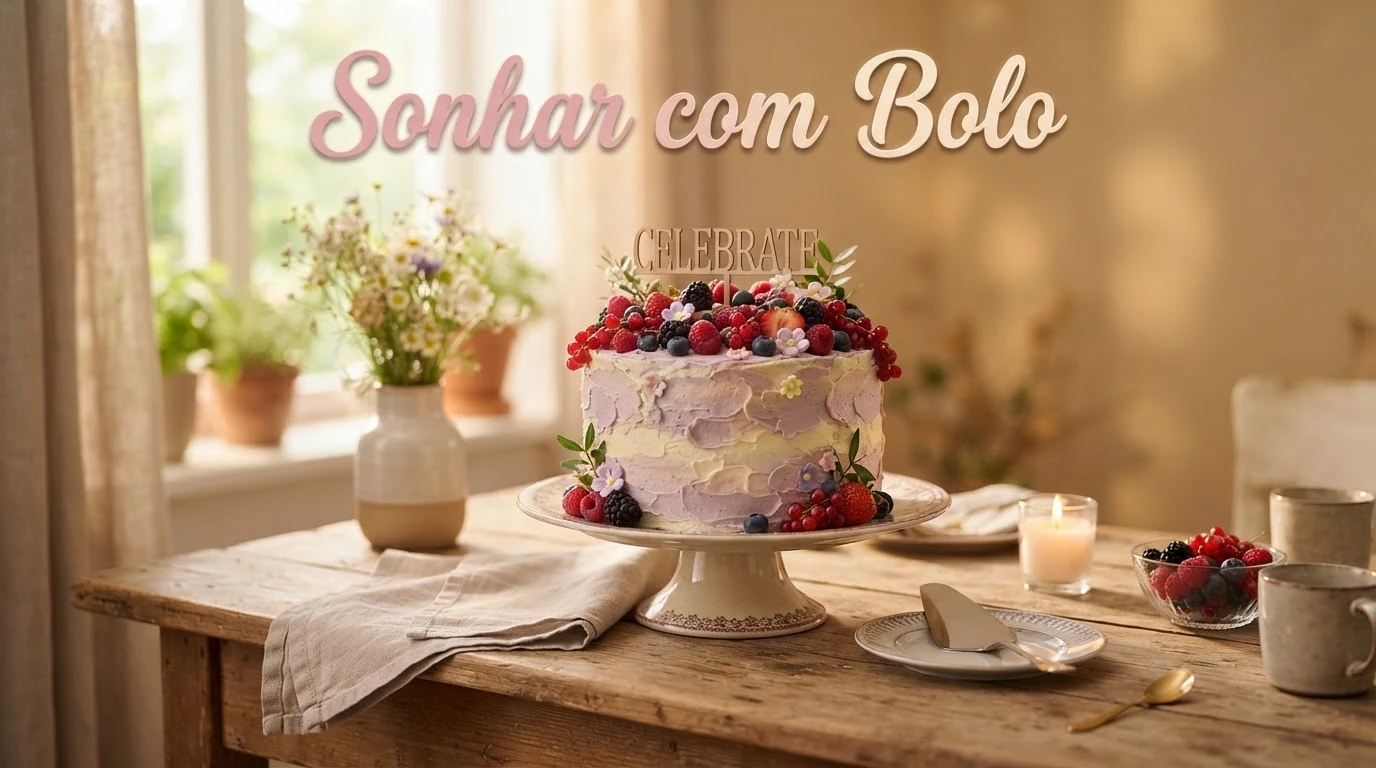 Bolo decorado sobre uma mesa de madeira com luz suave, representando o significado de sonhar com bolo.