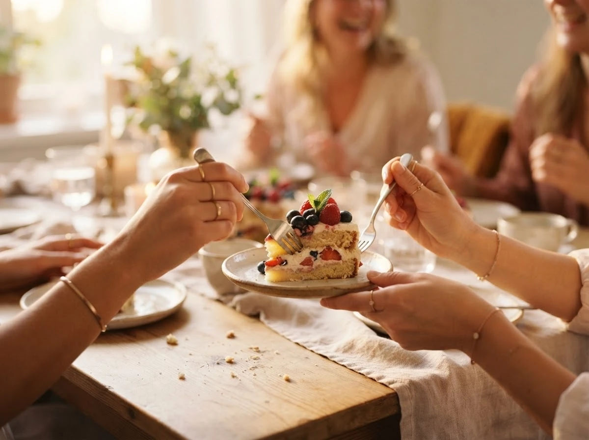 Mãos dividindo uma fatia de bolo em uma mesa iluminada, simbolizando celebração e convívio no sonho.