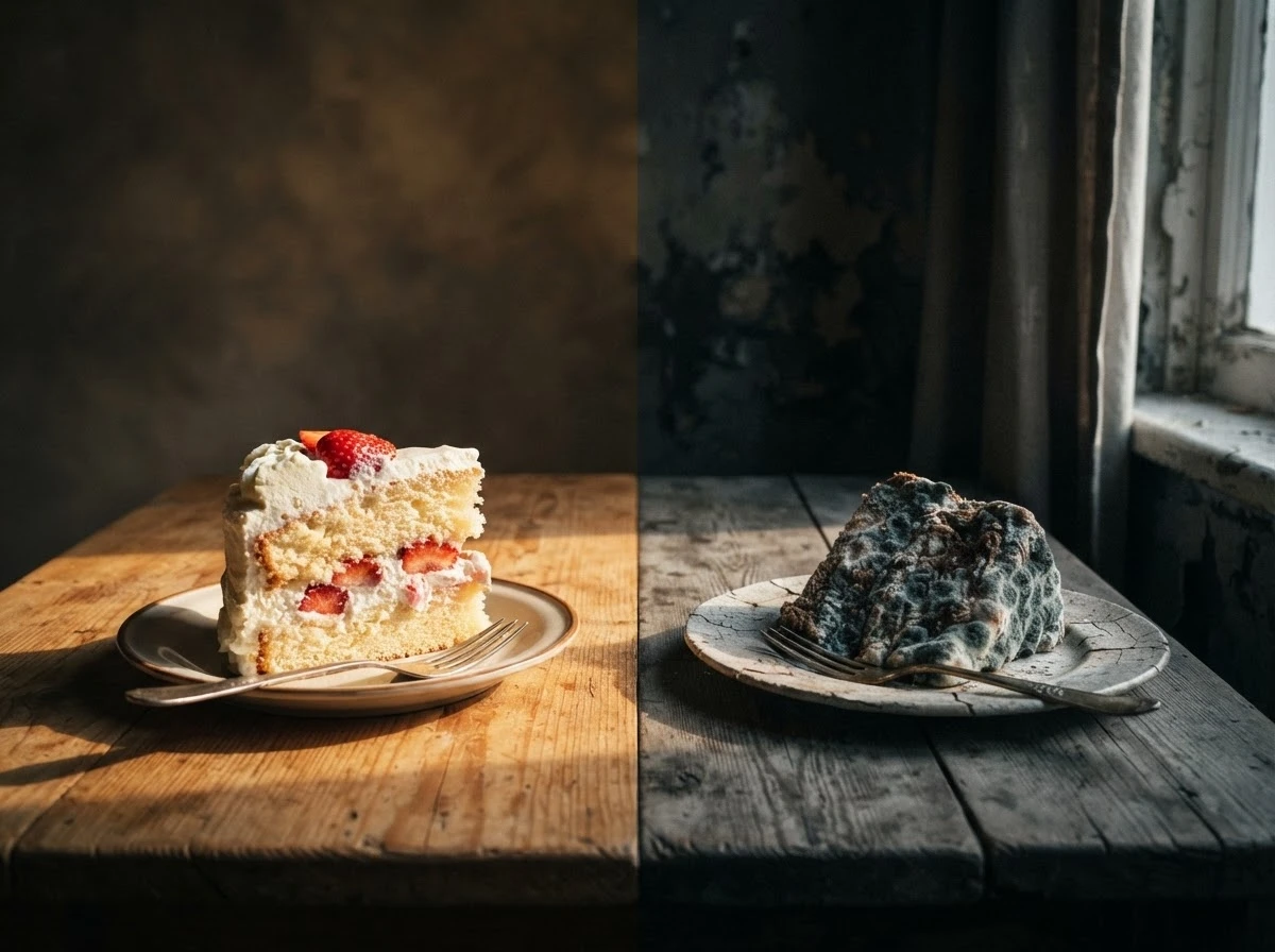 Contraste entre um bolo fresco e um bolo mofado na mesma mesa, simbolizando expectativa e frustração no sonho.