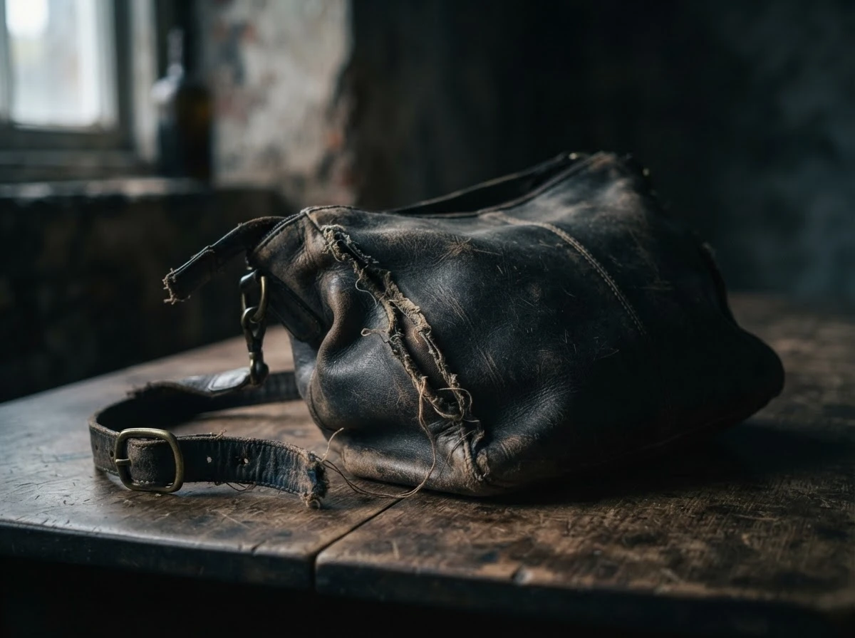 Bolsa rasgada com a alça quebrada sobre uma mesa, simbolizando fragilidade emocional no sonho.