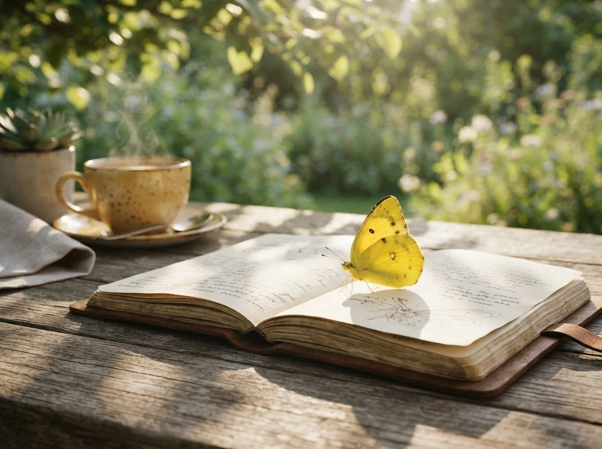 Borboleta amarela pousada em um caderno aberto, simbolizando boas notícias e um novo começo.
