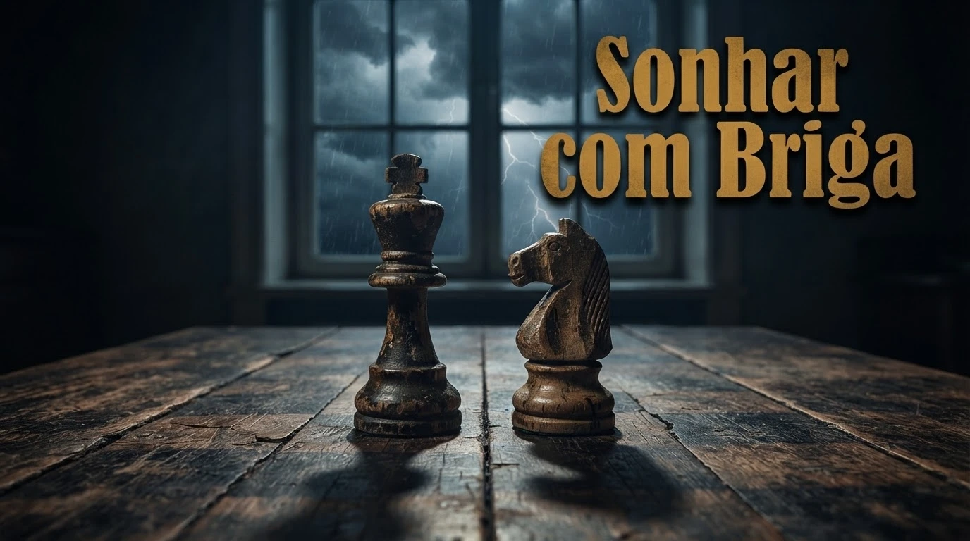 Duas peças de xadrez frente a frente sob luz dramática, representando o conflito do sonho com briga.