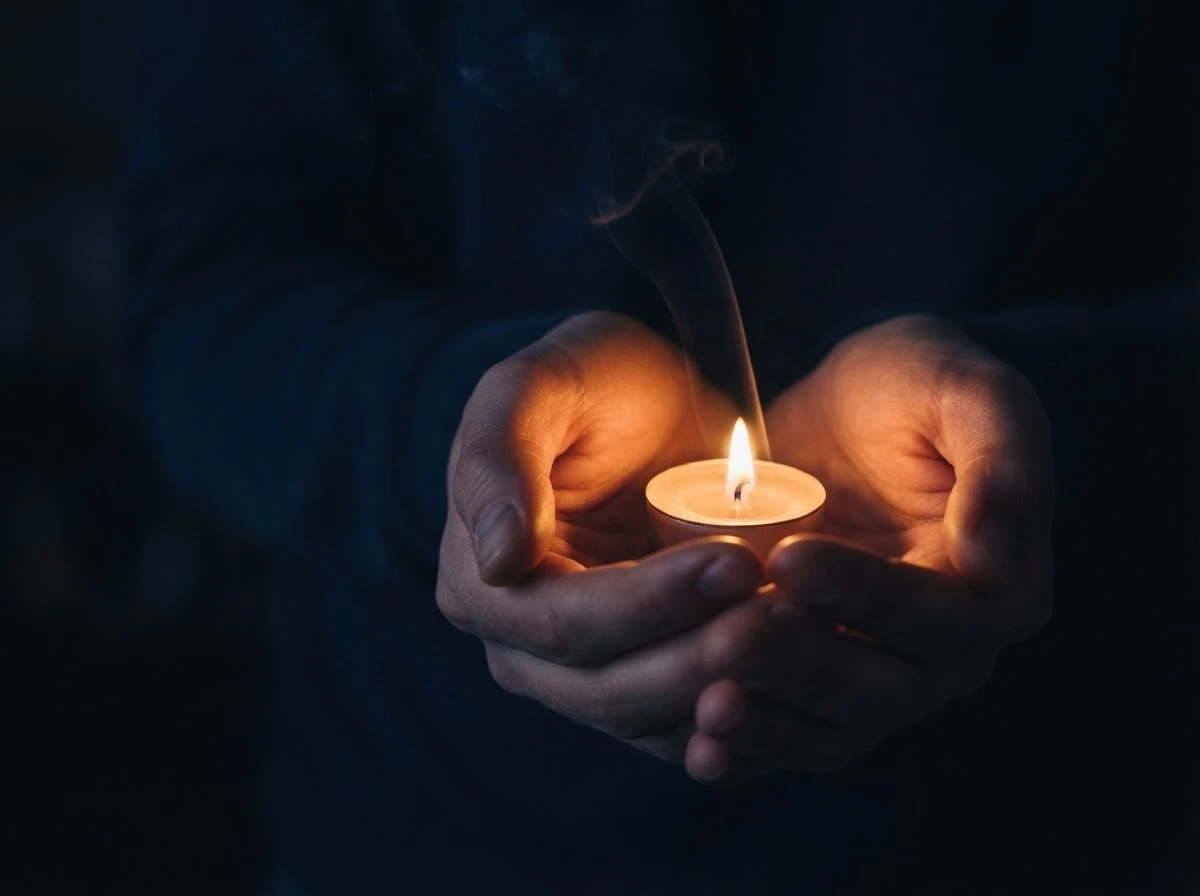 Mãos segurando uma vela acesa no escuro, simbolizando autoconhecimento após sonhar com bruxa.