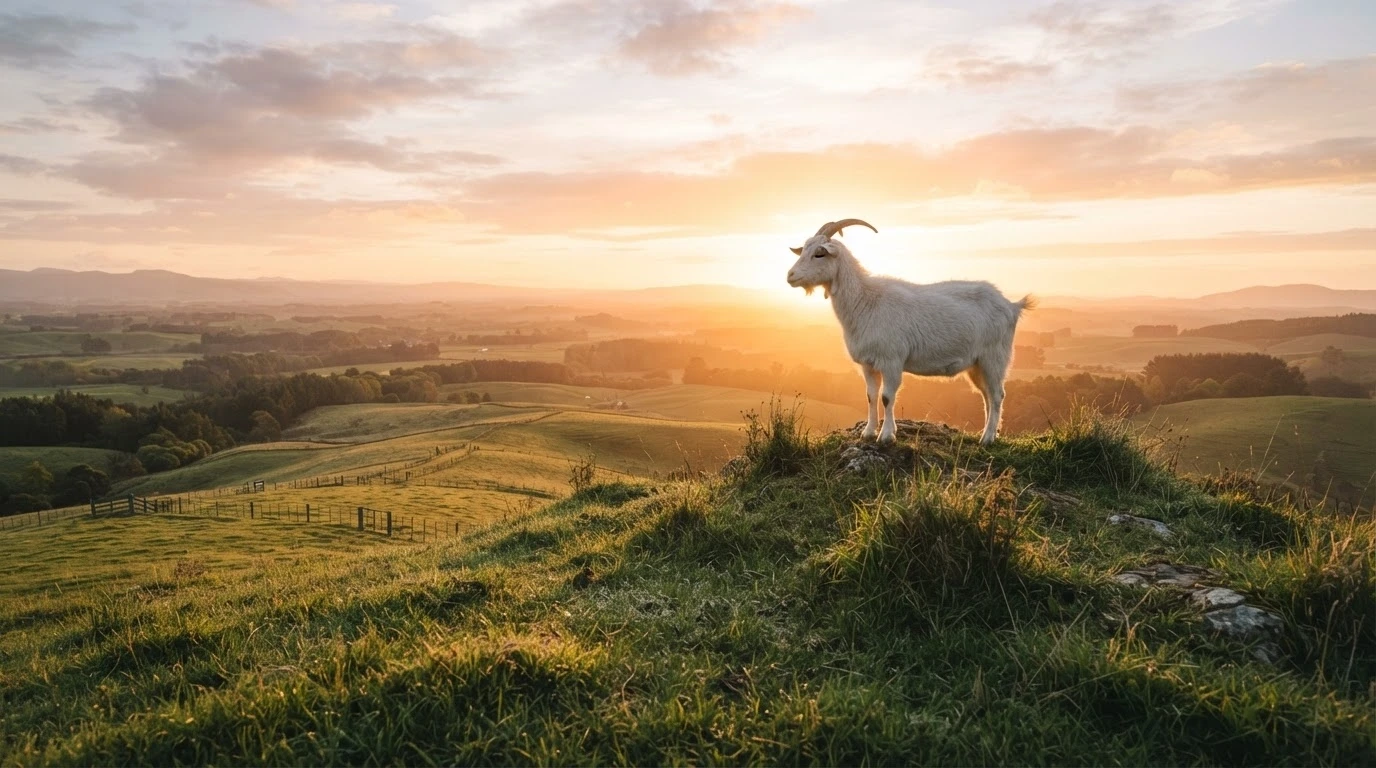 Cabra em pé no topo de uma colina ao nascer do sol, simbolizando esperança e novos começos