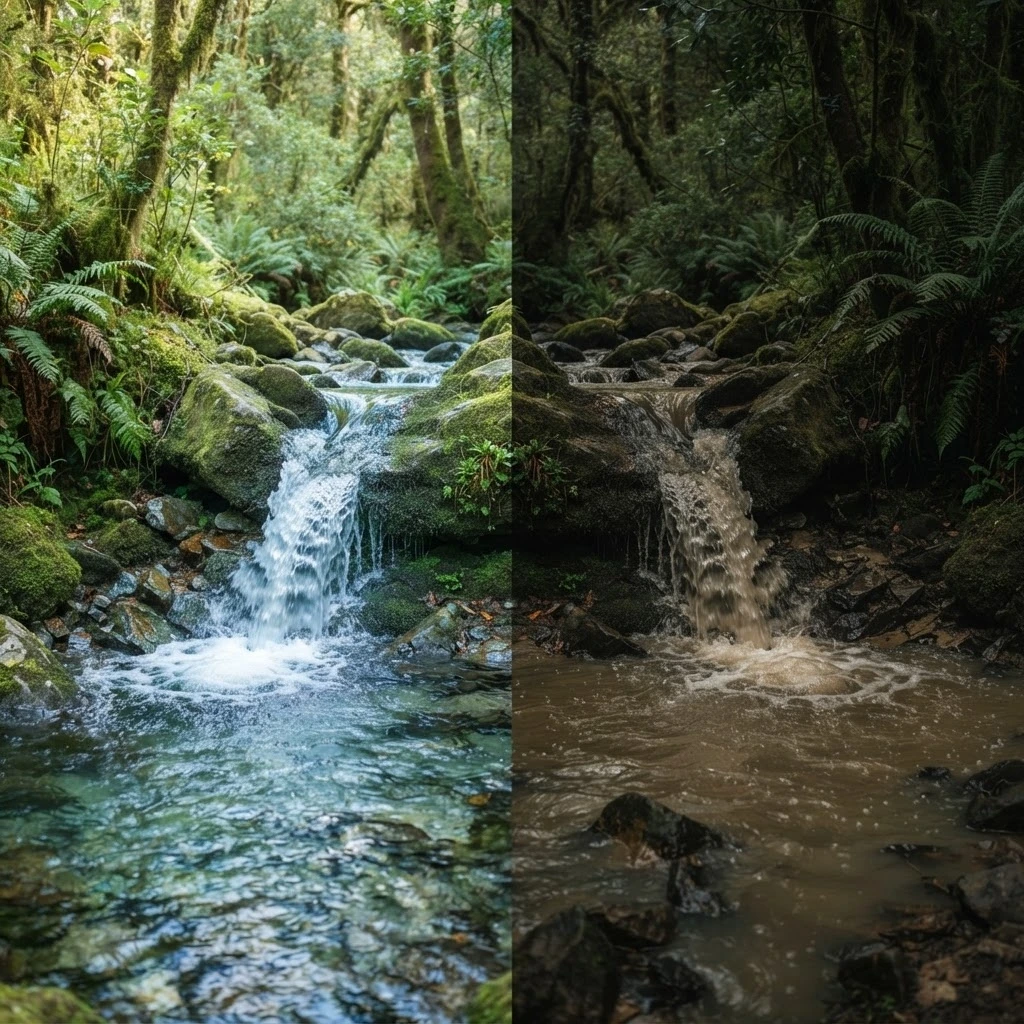 Cachoeira de água cristalina ao lado de cachoeira de água barrenta, simbolizando clareza e emoções represadas