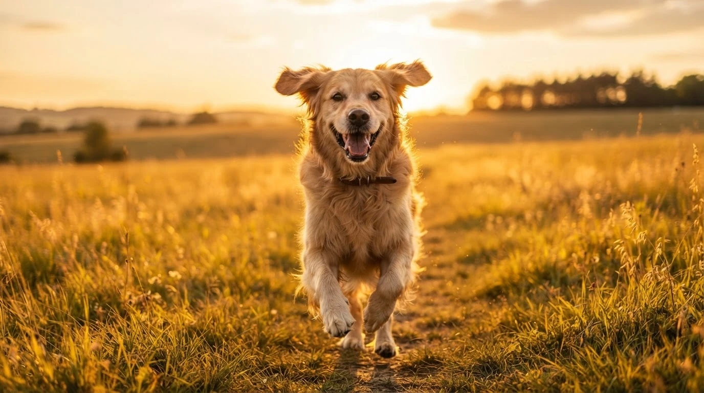 Cachorro correndo feliz em campo ao entardecer, simbolizando esperança e vínculos de lealdade