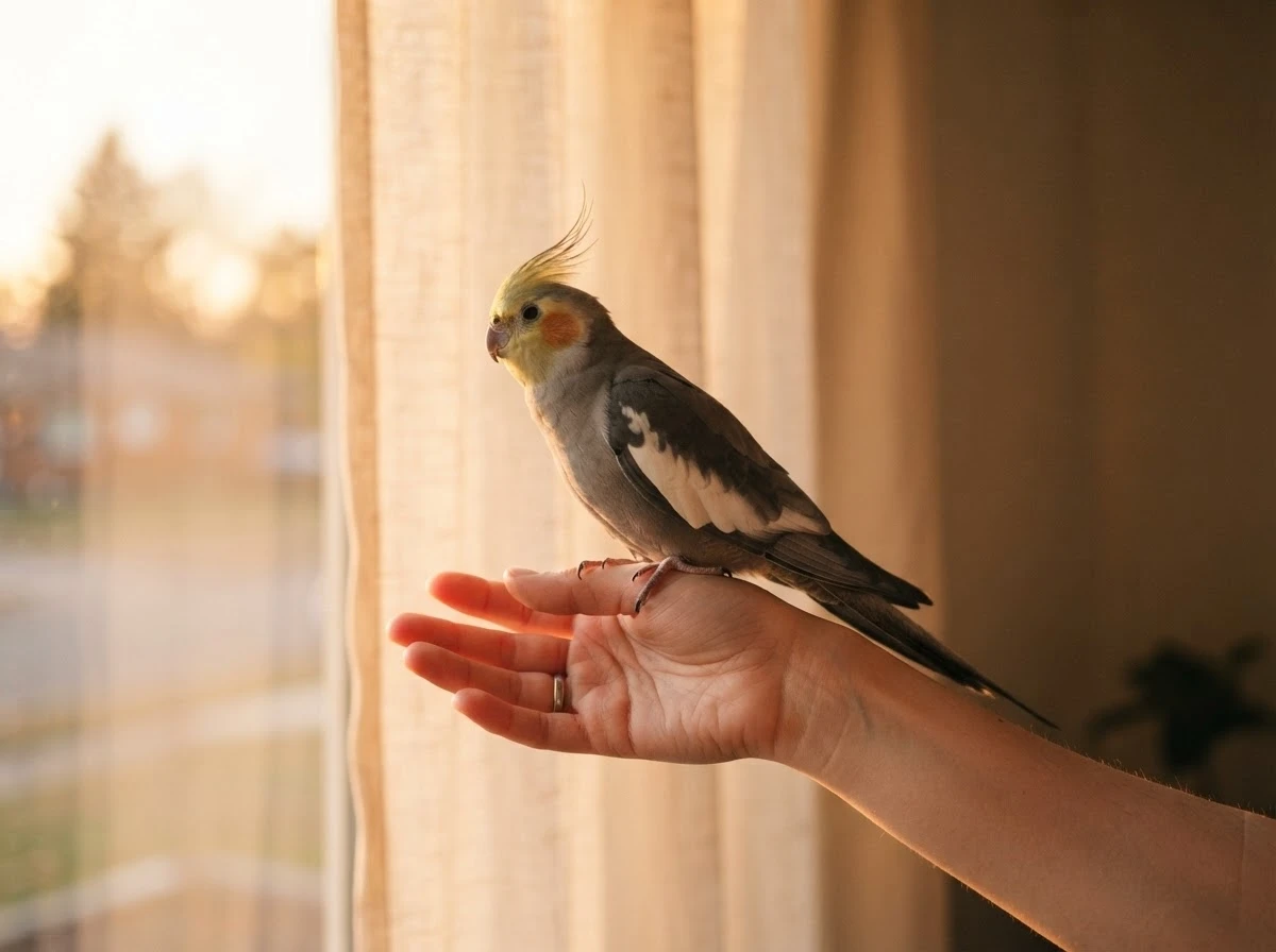 Calopsita pousando na mão ao entardecer, representando a confiança construída nesse vínculo