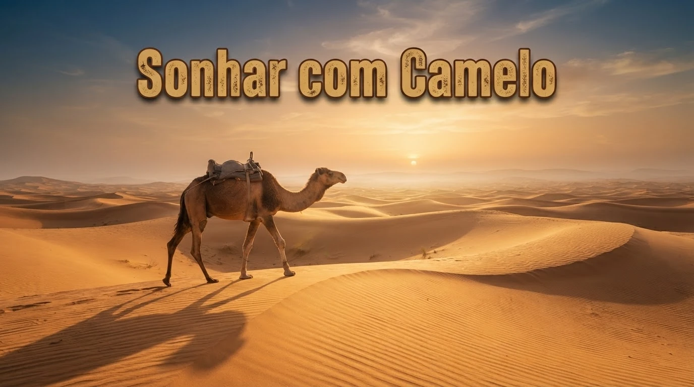 Camelo caminhando por dunas douradas ao entardecer representando o significado de sonhar com camelo