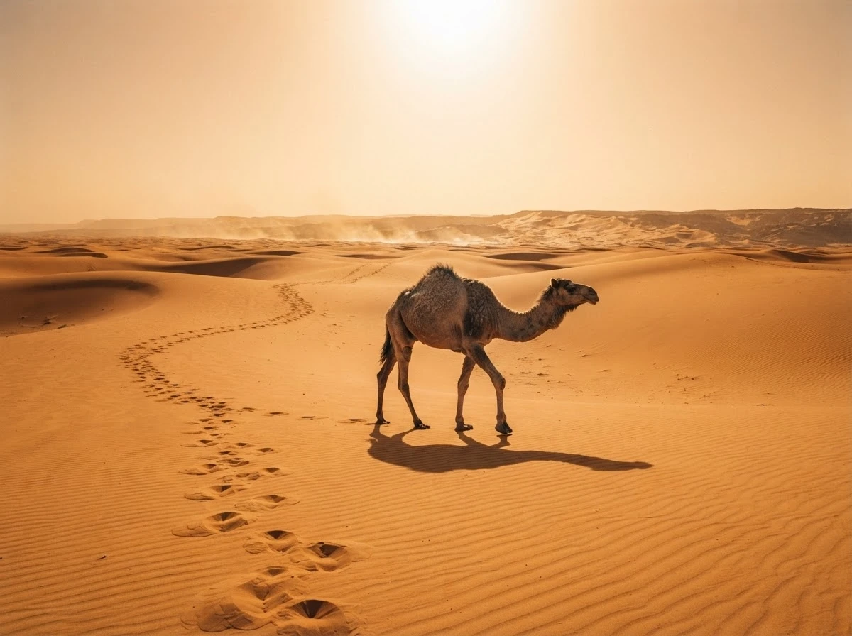 Camelo atravessando o deserto sozinho, símbolo de perseverança em sonhar com camelo