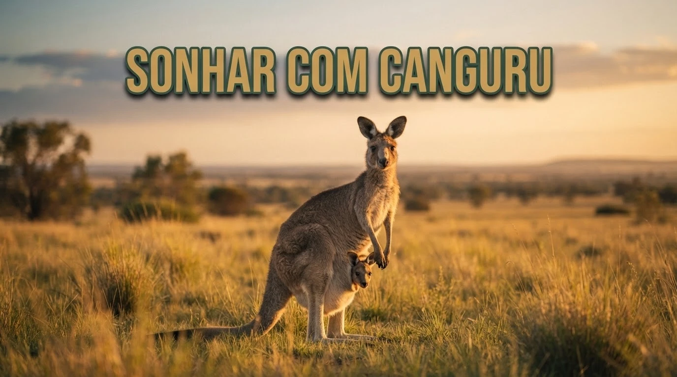 Canguru com filhote na bolsa marsupial em campo dourado ao entardecer