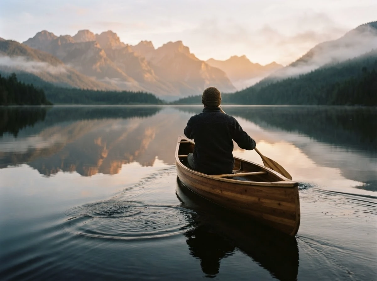 Pessoa remando uma canoa sozinha em lago tranquilo ao amanhecer