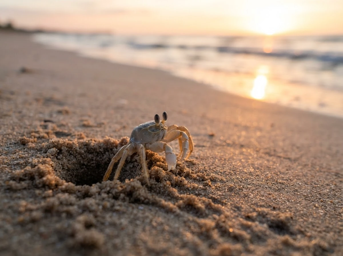 Caranguejo saindo do buraco na areia ao entardecer simbolizando coragem para avançar