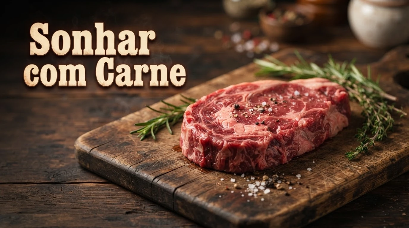 Corte de carne vermelha sobre tábua de madeira simbolizando vitalidade ao sonhar com carne