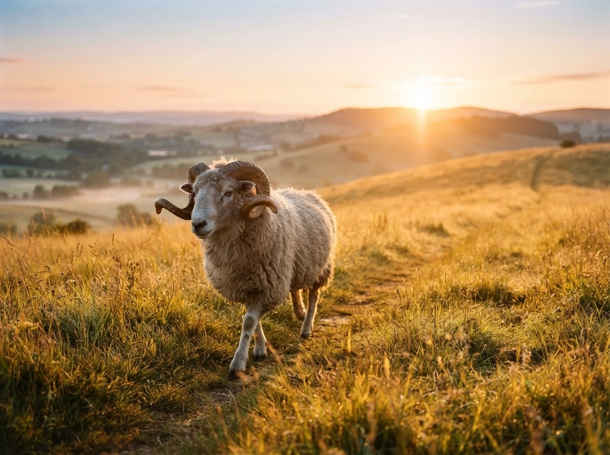 Carneiro caminhando em direção ao nascer do sol simbolizando coragem para avançar