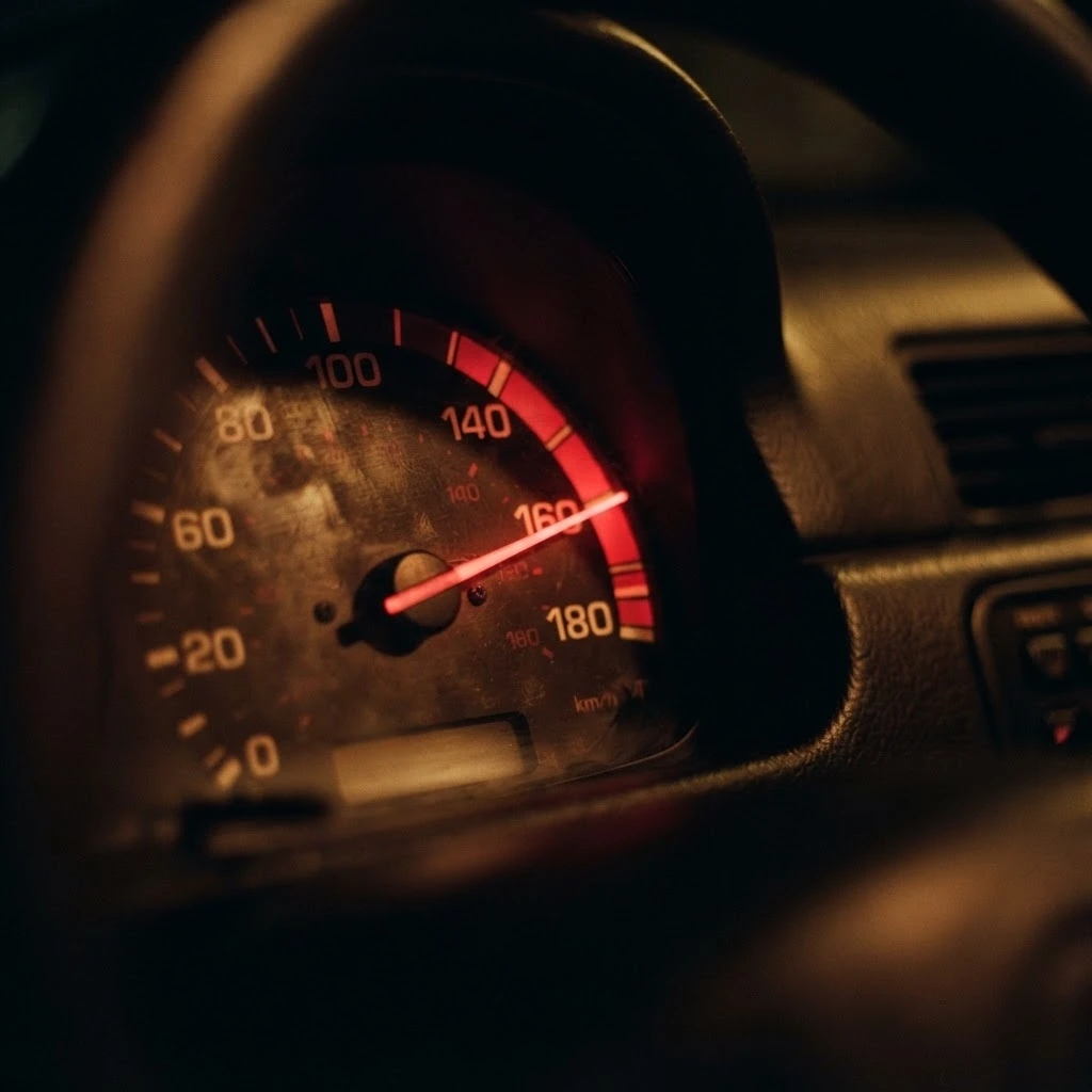 Velocímetro subindo ao vermelho simbolizando sensação de perder o controle ao sonhar com carro sem freio