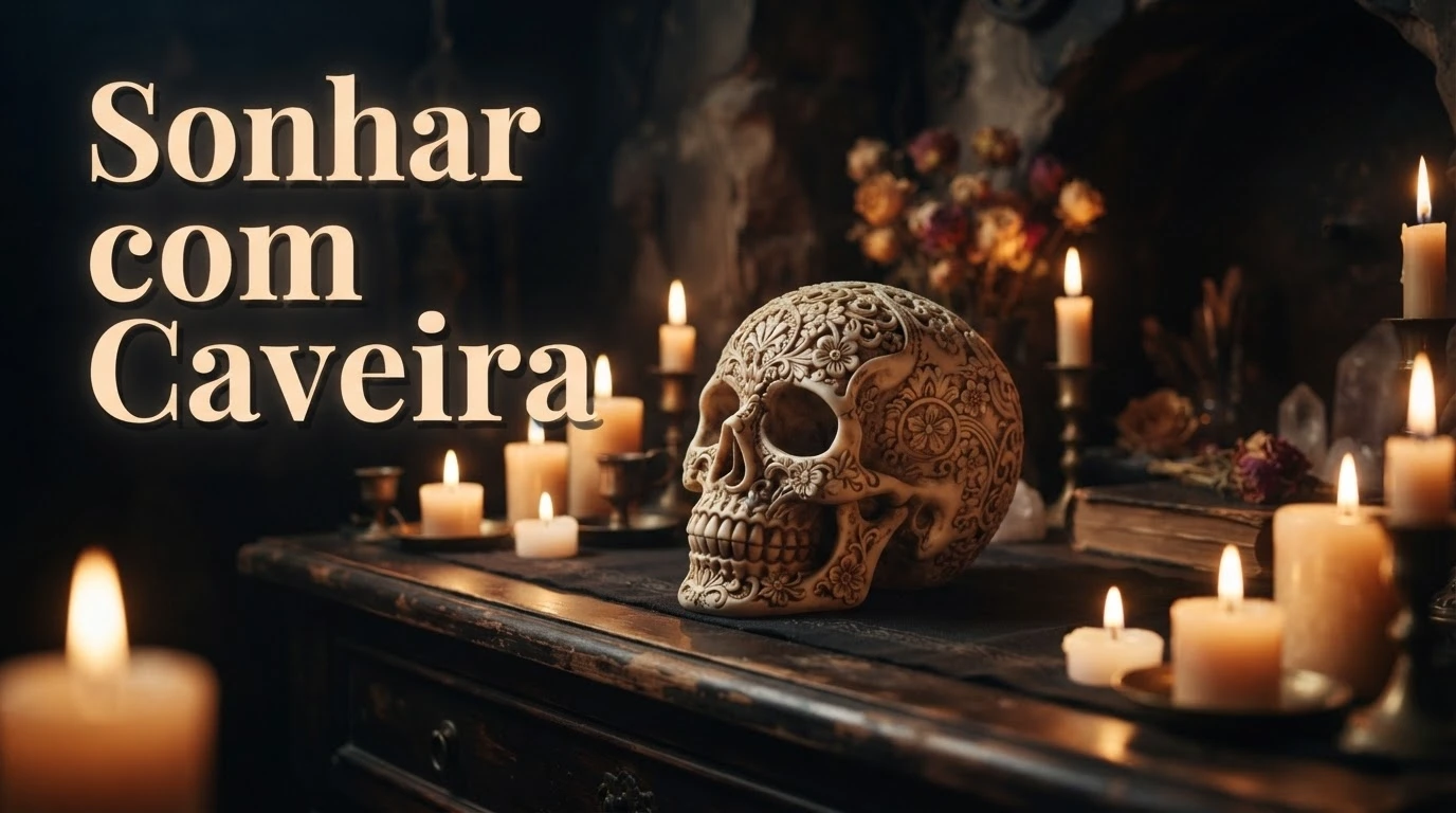 Caveira decorativa entre velas simbolizando transformação e fim de ciclo ao sonhar com caveira