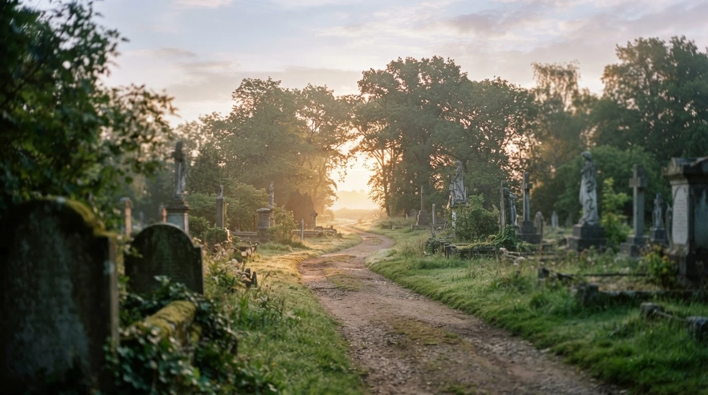 Caminho de cemitério em direção à luz do amanhecer, simbolizando esperança e recomeço.