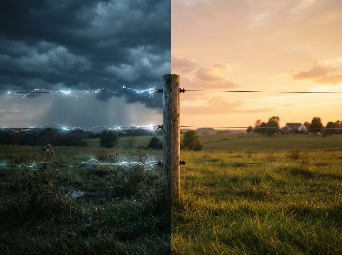 Cerca elétrica dividida entre energia e calmaria, simbolizando perigo e segurança nos sonhos.
