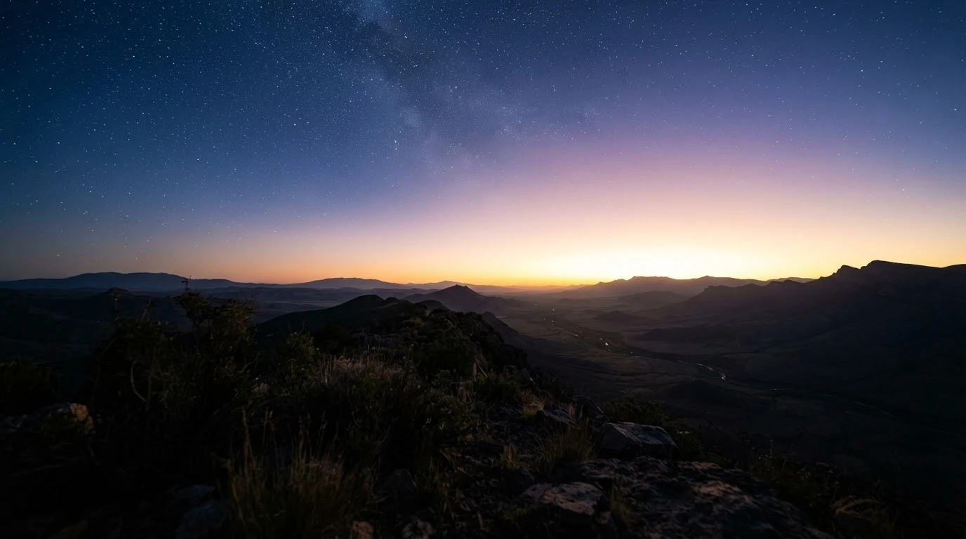 Céu estrelado se transformando em amanhecer dourado, simbolizando novas possibilidades.
