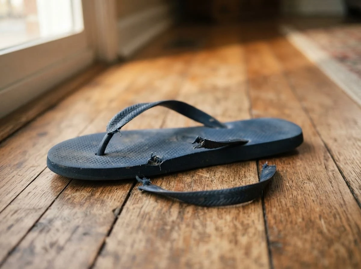Chinelo com a tira rompida, representando pequenas instabilidades que atrapalham os planos.