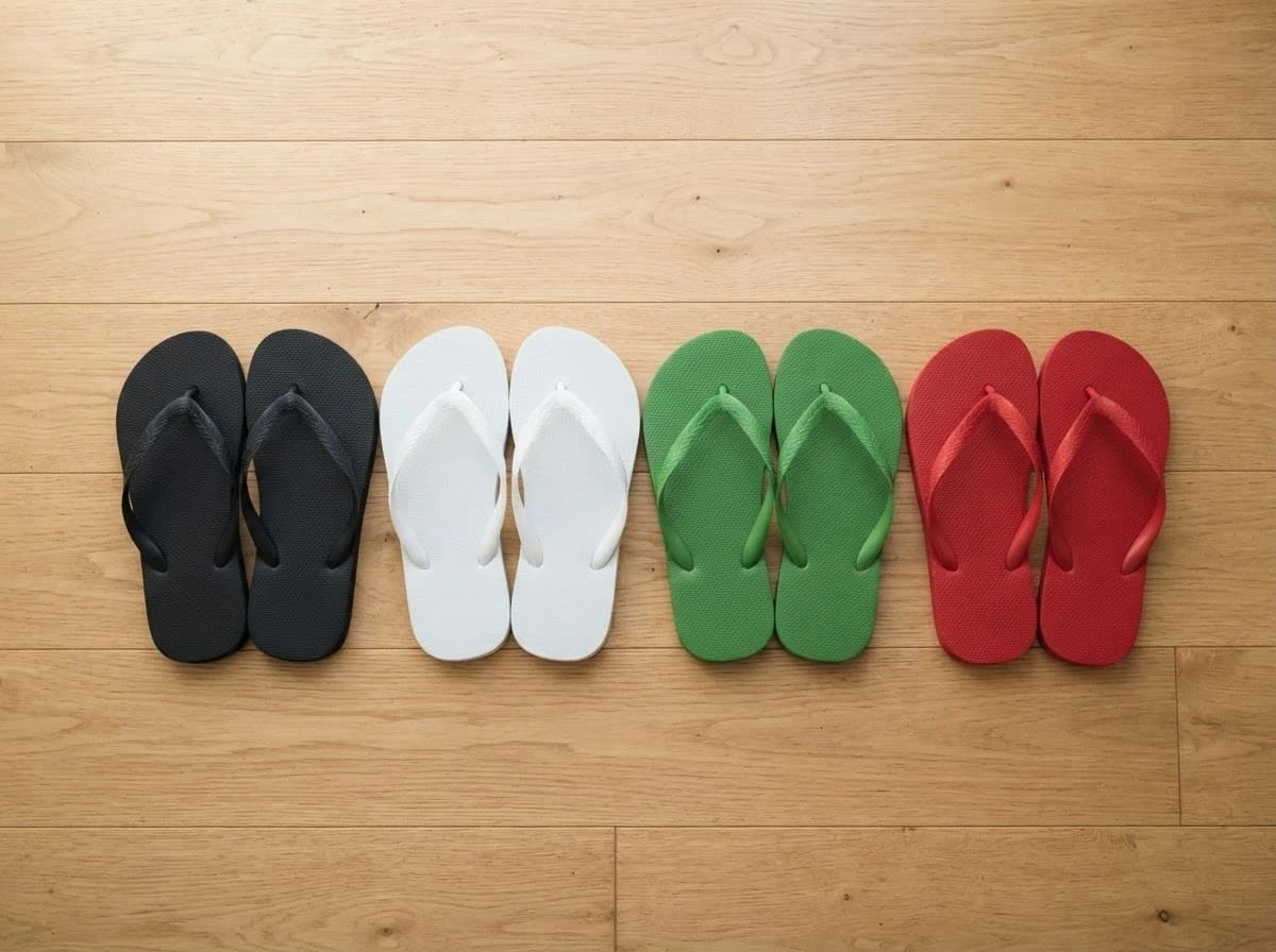Chinelos preto, branco, verde e vermelho lado a lado, representando diferentes significados no sonho.