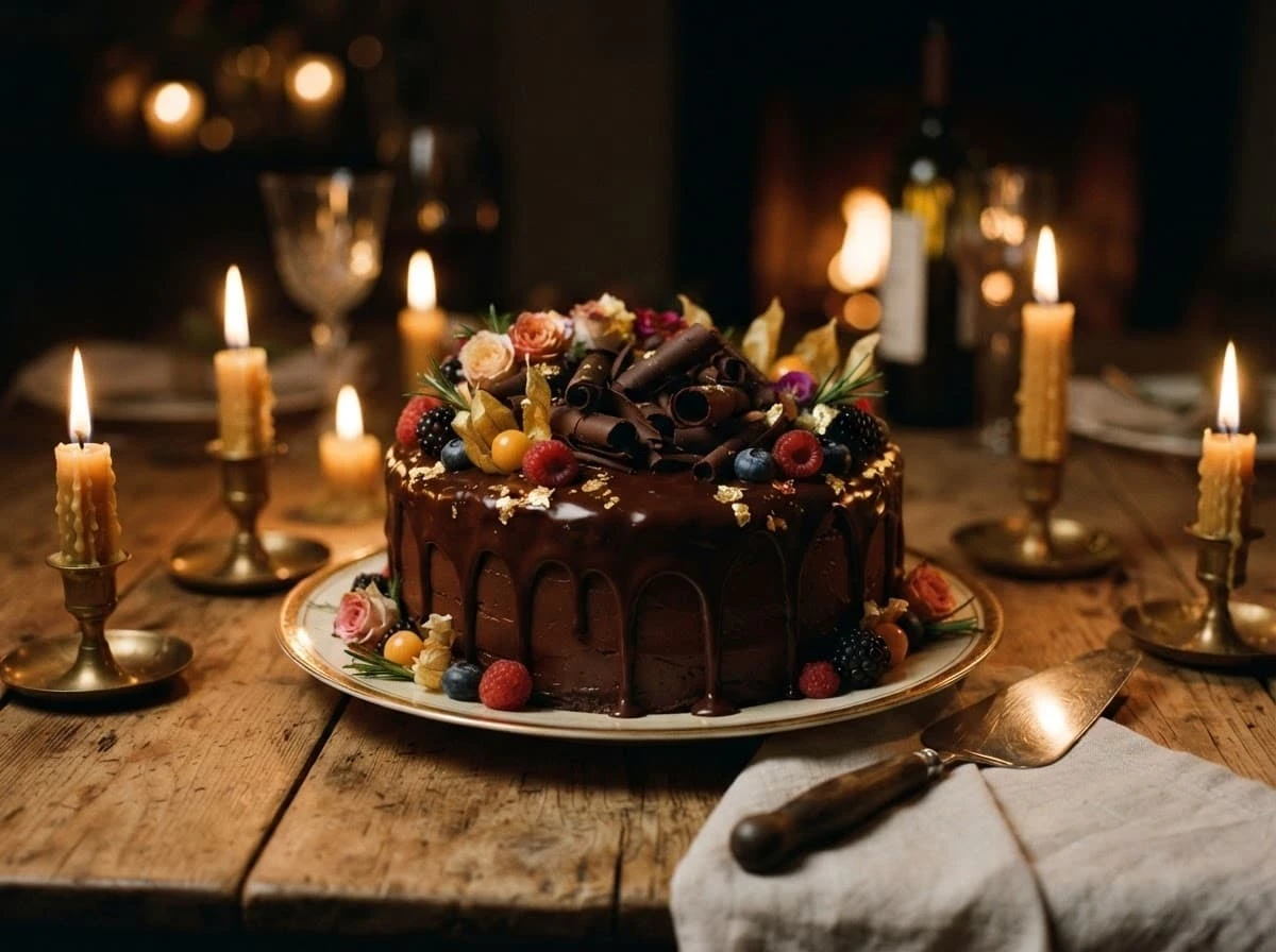 Bolo de chocolate com cobertura brilhante, representando celebração e reconhecimento no sonho.