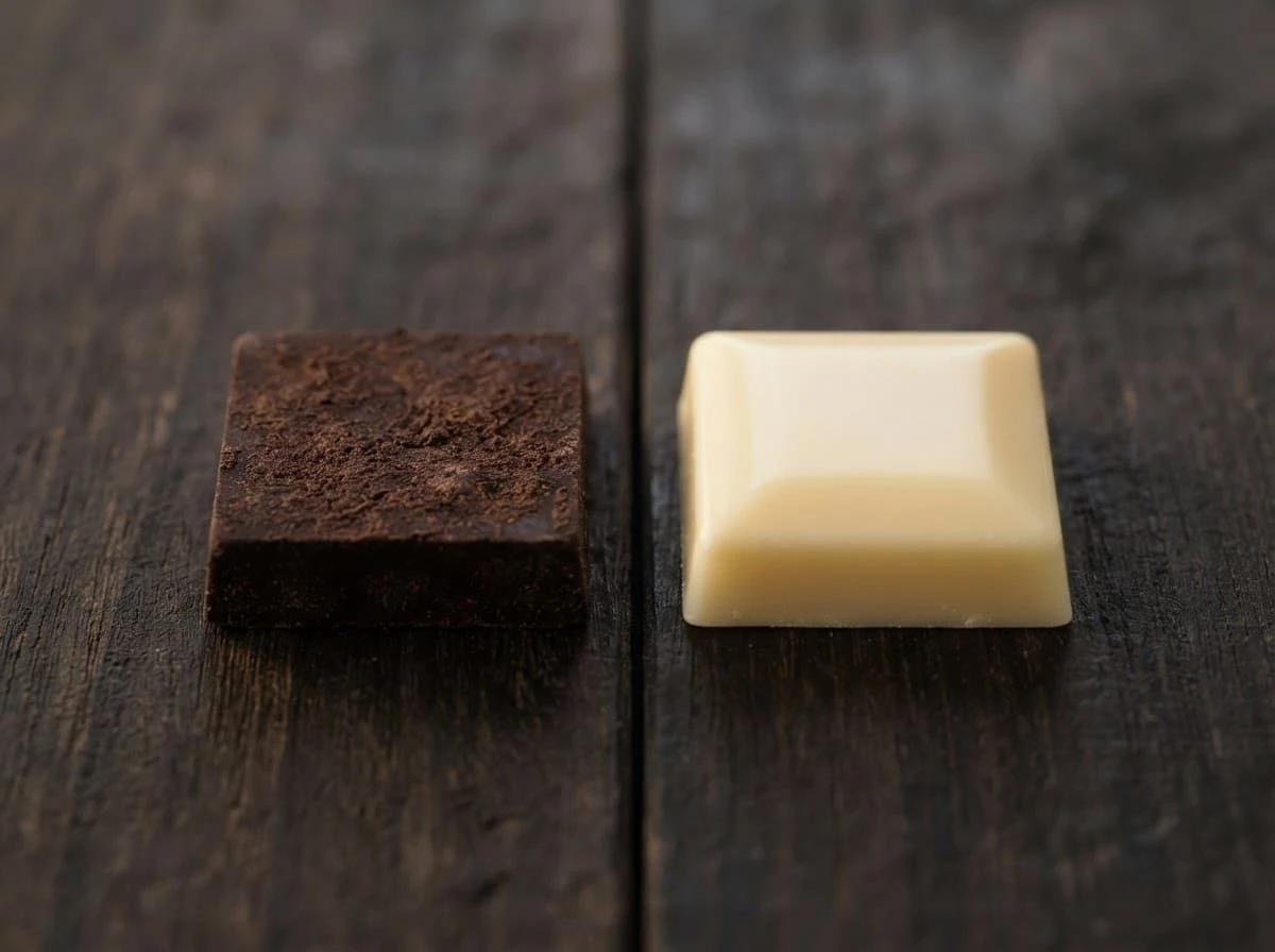 Chocolate amargo ao lado do chocolate branco, simbolizando maturidade e sentimentos leves.