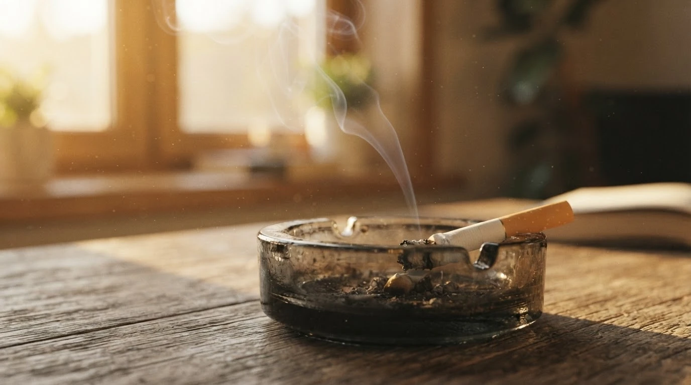 Cigarro apagado com fumaça se dissipando, simbolizando maturidade e o fim de um ciclo no sonho.