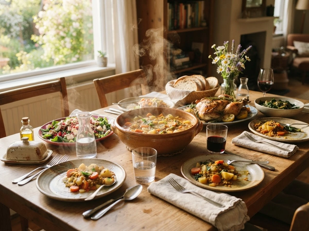 Mesa farta e iluminada simbolizando gratidão e conexão através da comida