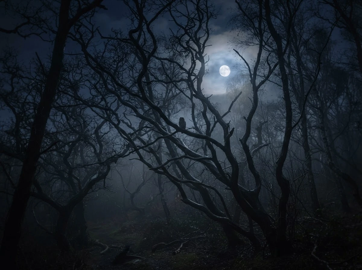 Floresta noturna com silhueta de coruja representando o folclore brasileiro sobre o animal
