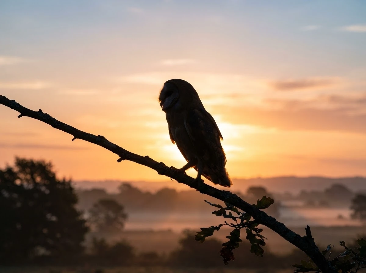 Coruja em silhueta sob o amanhecer simbolizando sabedoria guiando um novo começo