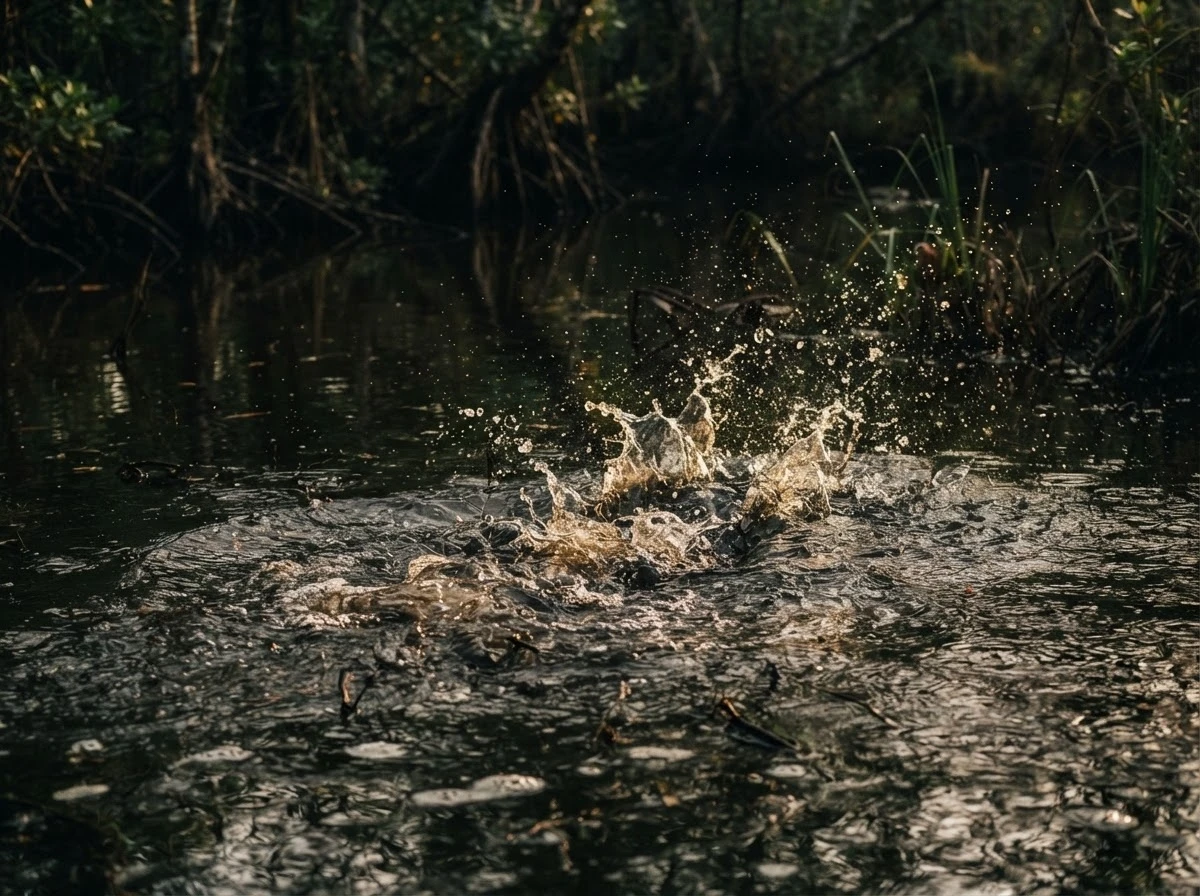 Água agitada sugerindo movimento oculto representando o ataque do crocodilo no sonho