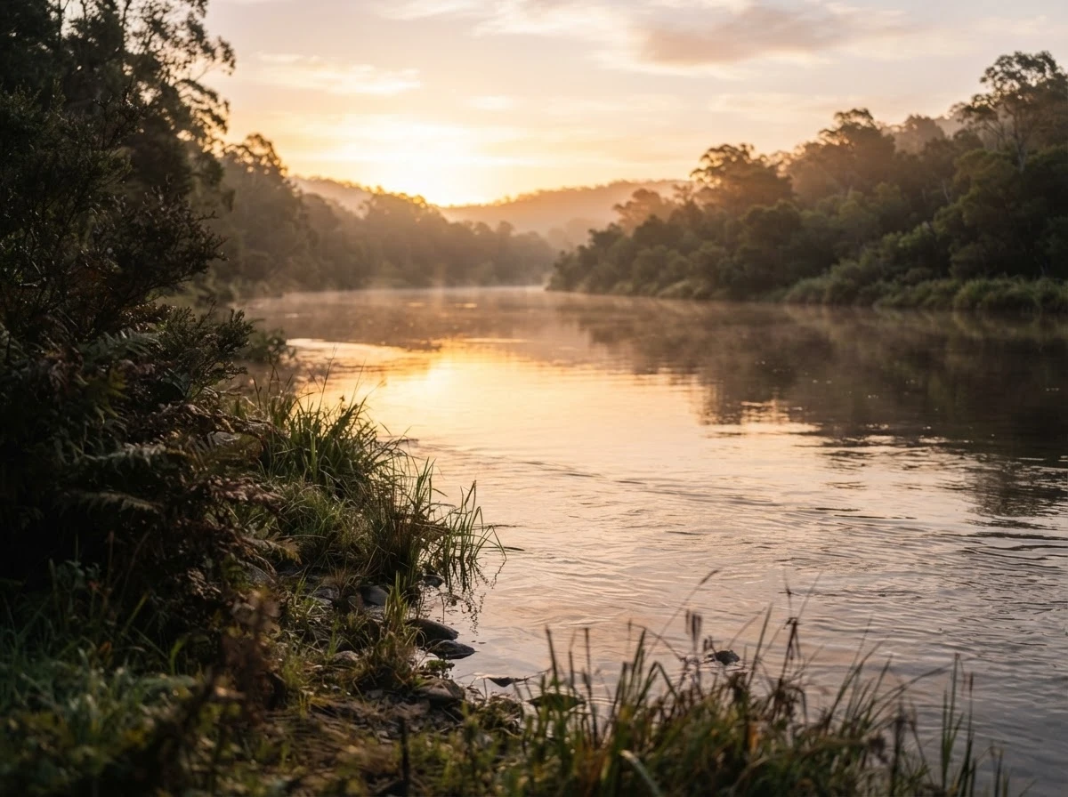 Rio calmo ao amanhecer simbolizando superação e liberdade após o alerta do sonho
