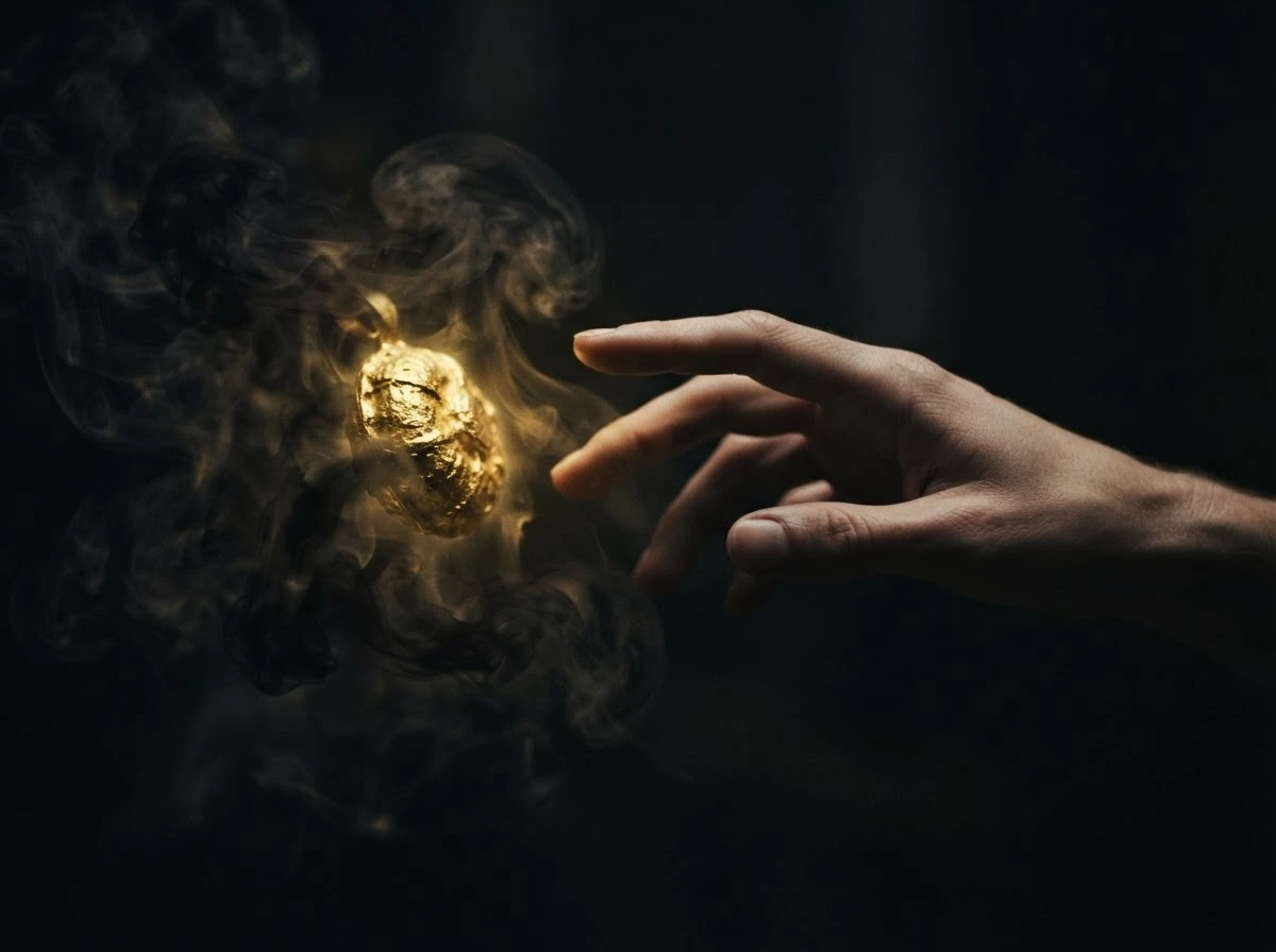 Mão estendida em direção a uma luz dourada em meio à escuridão, representando tentação
