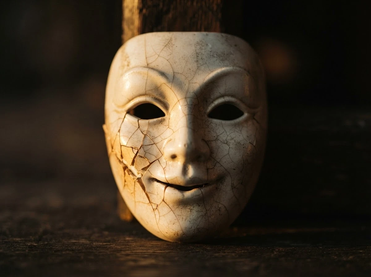 Máscara de porcelana rachada, simbolizando a fachada social se rompendo no sonho