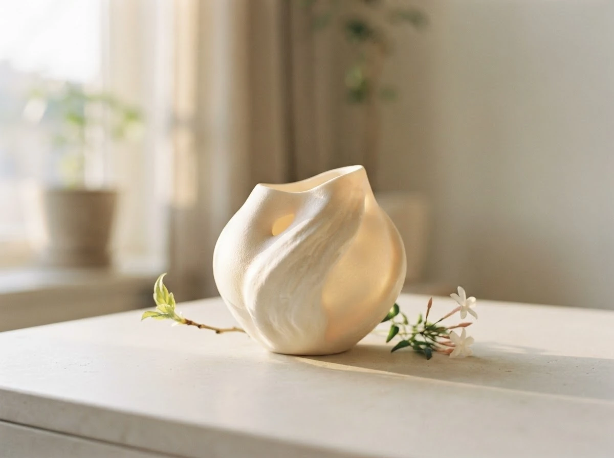 Objeto de porcelana iluminado por luz suave, simbolizando renovação e novos começos