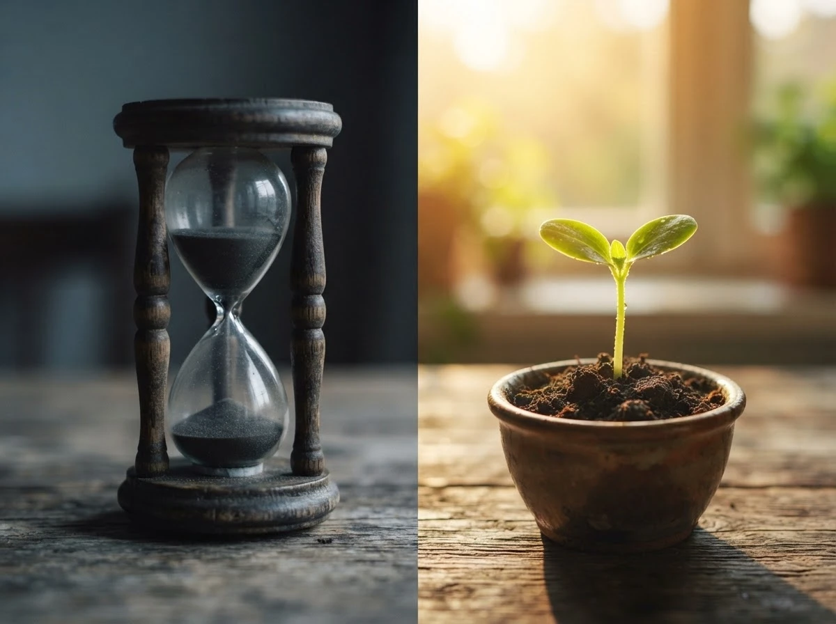 Ampulheta ao lado de um broto de planta, simbolizando o fim de um ciclo e um novo começo