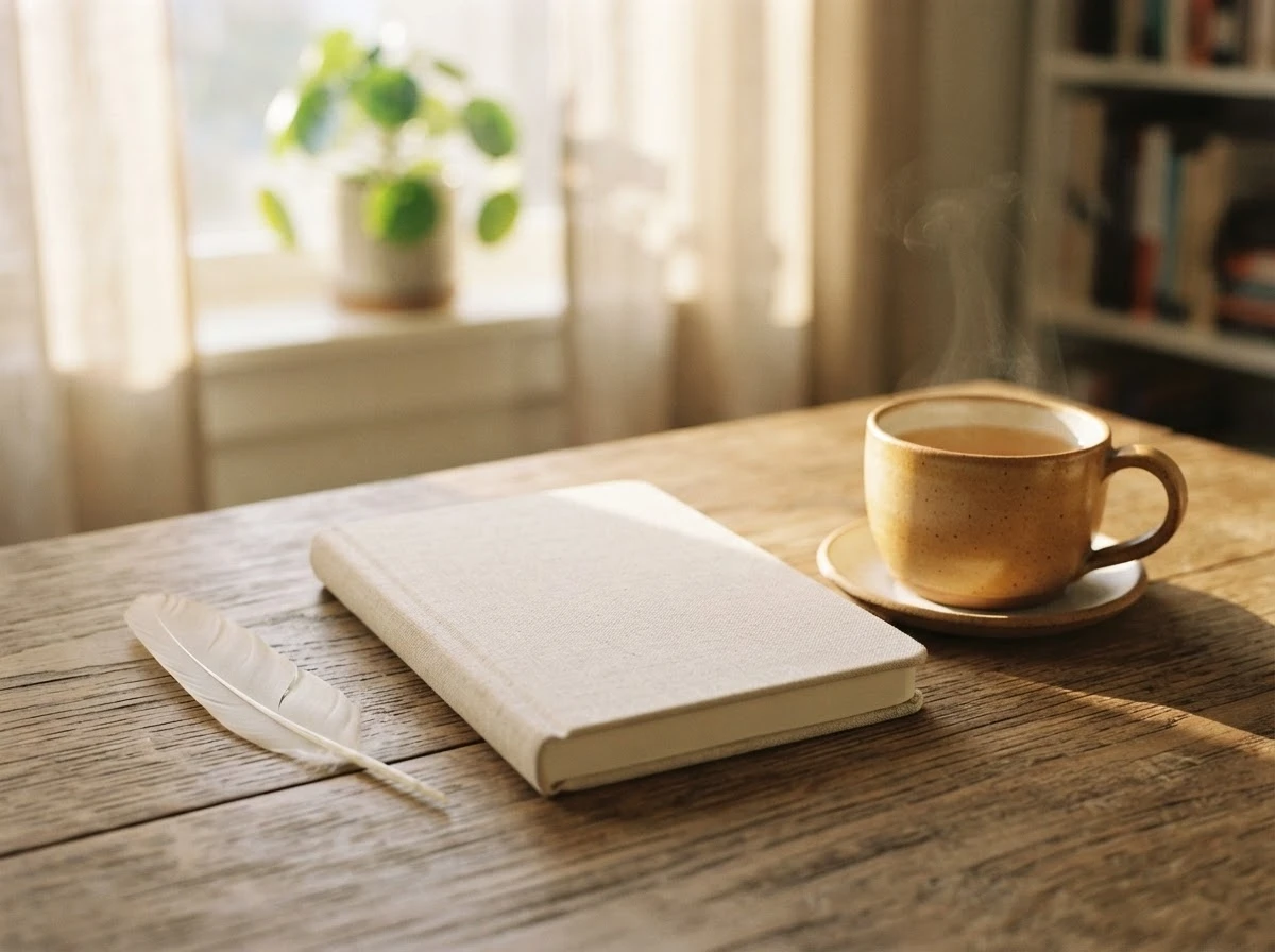 Caderno fechado e uma pena sobre mesa iluminada, convidando à reflexão sobre os próprios sonhos