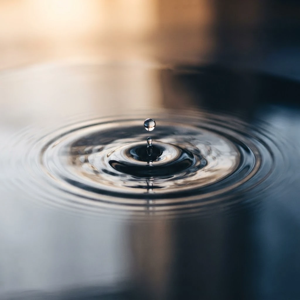 Gota d’água causando ondas em superfície refletiva, simbolizando dor emocional amplificada